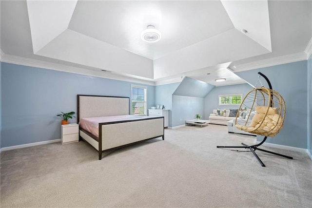 bedroom featuring multiple windows, a tray ceiling, and carpet floors