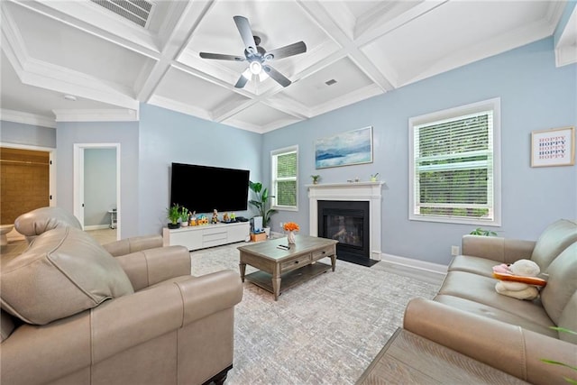 living room featuring baseboards, a ceiling fan, a fireplace with flush hearth, visible vents, and coffered ceiling