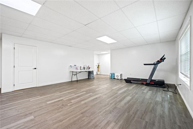 workout room with a drop ceiling, baseboards, and wood finished floors
