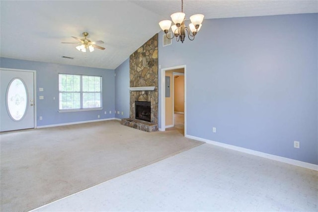 unfurnished living room featuring a fireplace, vaulted ceiling, baseboards, ceiling fan with notable chandelier, and carpet flooring