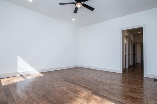 unfurnished room with ceiling fan, baseboards, wood finished floors, and recessed lighting