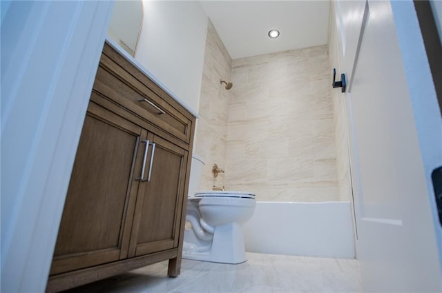 bathroom with  shower combination, toilet, and recessed lighting