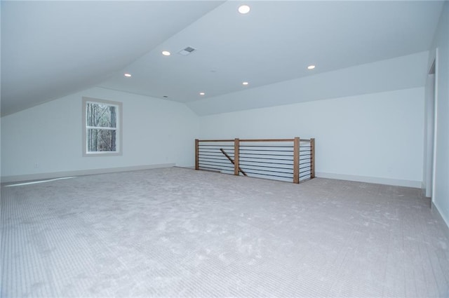 bonus room with baseboards, visible vents, vaulted ceiling, carpet flooring, and recessed lighting