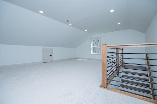 bonus room with recessed lighting, carpet floors, visible vents, baseboards, and vaulted ceiling