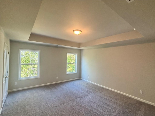 carpeted empty room with a tray ceiling