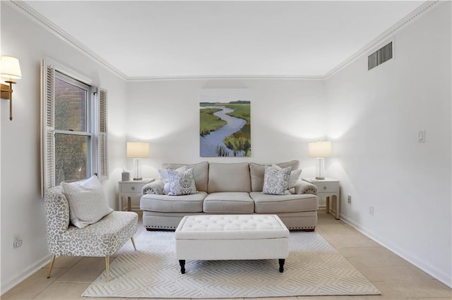 living room featuring light tile patterned floors, baseboards, and ornamental molding