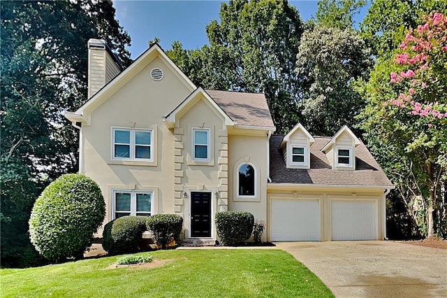 view of front of house featuring stucco siding, a shingled roof, a garage, driveway, and a front lawn