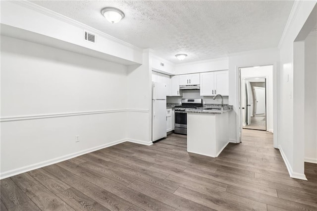 1931 Brian Way, Decatur, GA 30033 - kitchen with stainless steel range with gas cooktop, freestanding refrigerator, under cabinet range hood, a textured ceiling, and crown molding