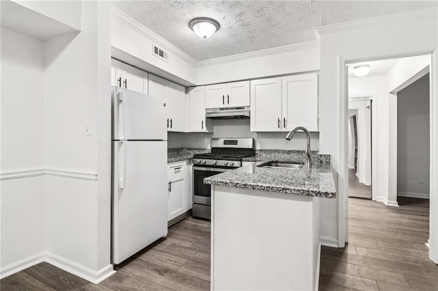 1931 Brian Way, Decatur, GA 30033 - kitchen featuring freestanding refrigerator, stainless steel range with gas stovetop, a sink, under cabinet range hood, and white cabinetry