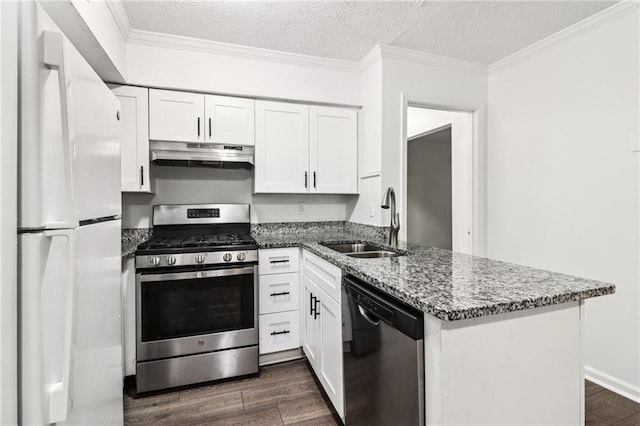 1931 Brian Way, Decatur, GA 30033 - kitchen with stainless steel gas range oven, dishwashing machine, freestanding refrigerator, under cabinet range hood, and a sink