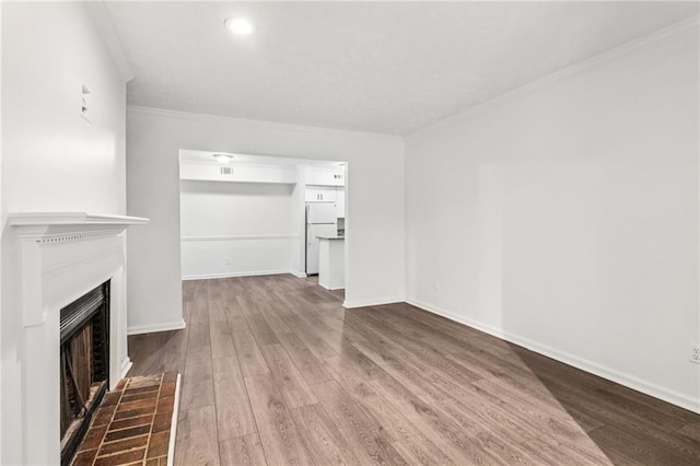 1931 Brian Way, Decatur, GA 30033 - unfurnished living room with crown molding, wood finished floors, a fireplace, and baseboards