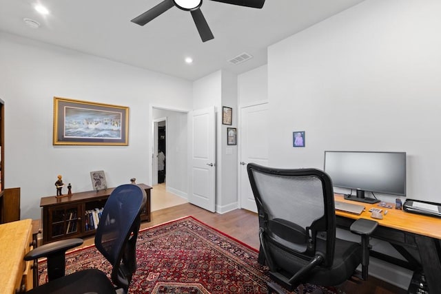 office with visible vents, recessed lighting, ceiling fan, and wood finished floors