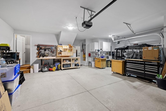 garage featuring a workshop area and a garage door opener