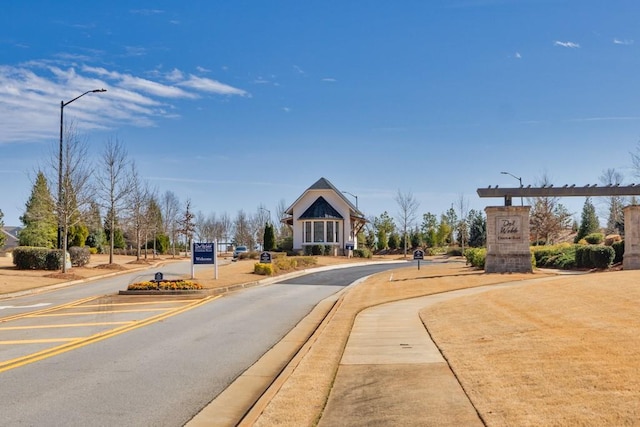 view of street with curbs, street lights, and sidewalks