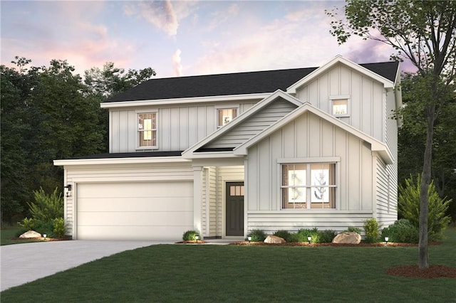 modern inspired farmhouse with board and batten siding, a front yard, concrete driveway, and an attached garage