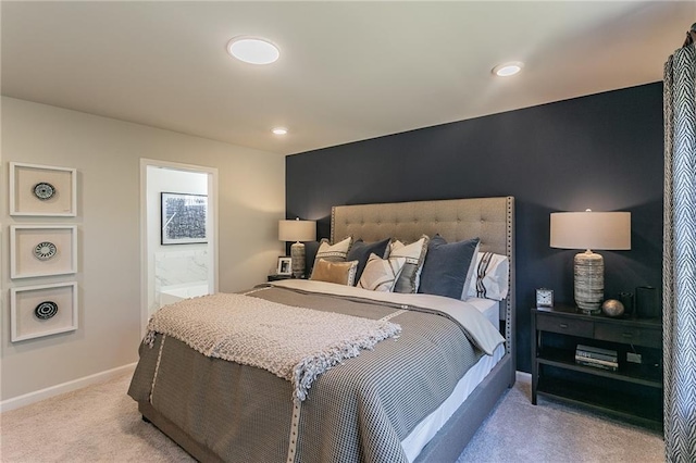 bedroom with light carpet, recessed lighting, and baseboards