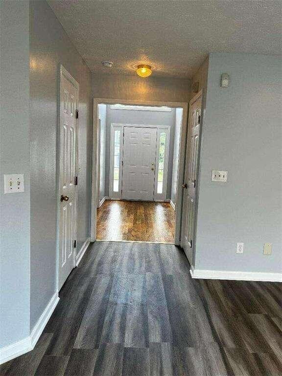 foyer entrance with dark hardwood / wood-style flooring and a textured ceiling