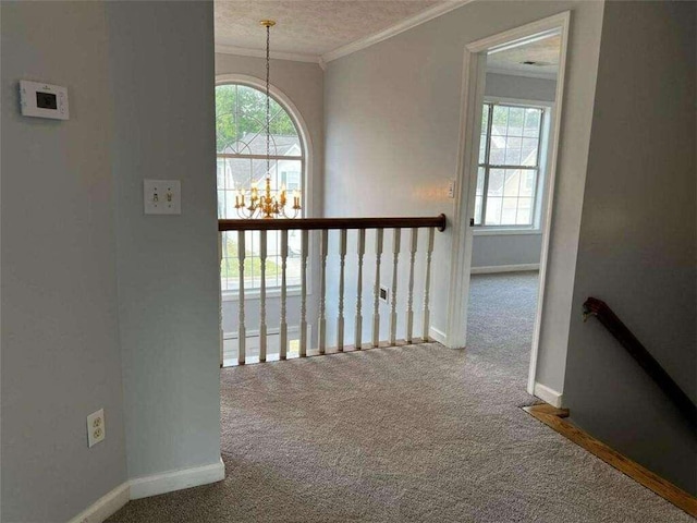 hall with carpet floors, a textured ceiling, and crown molding