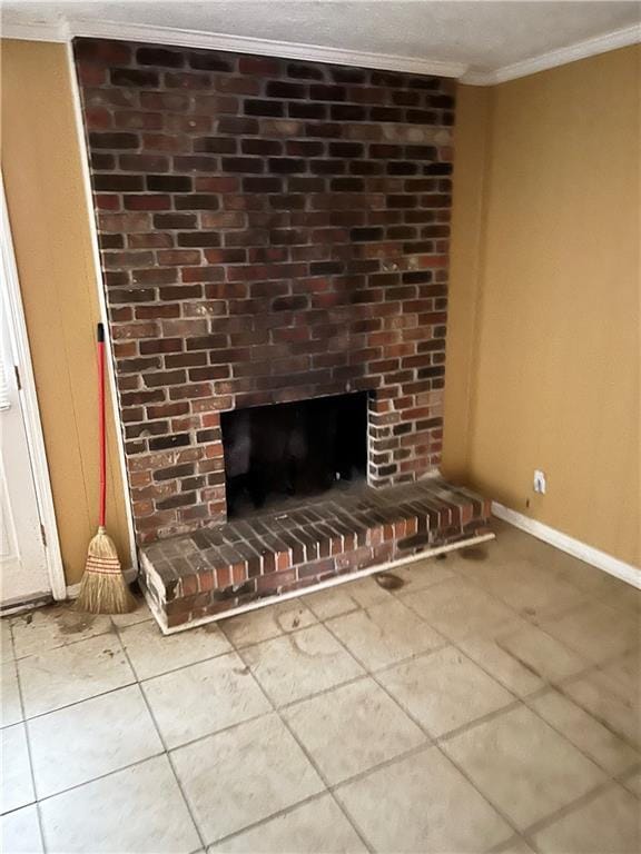 6354 Shannon Pkwy Unit 30D, Union City, GA 30291 - unfurnished living room with a brick fireplace, tile patterned flooring, and ornamental molding