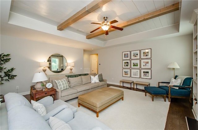 2535 Castlerock Ct, Cumming, GA 30041 - living room with ceiling fan, wood finished floors, and a wood ceiling with exposed beams