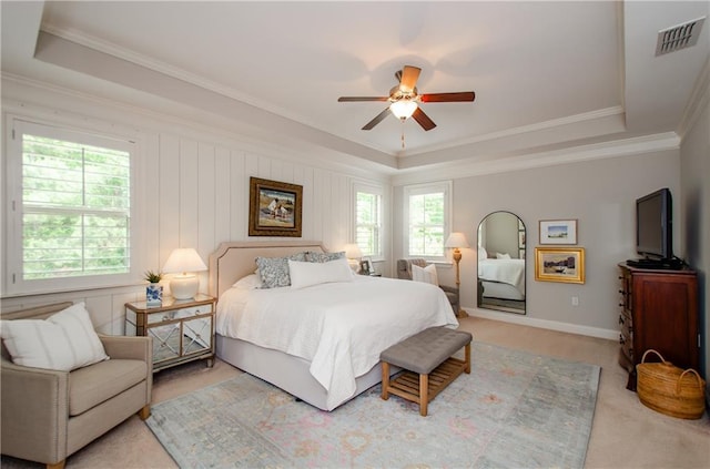2535 Castlerock Ct, Cumming, GA 30041 - carpeted bedroom featuring a tray ceiling, ornamental molding, and ceiling fan