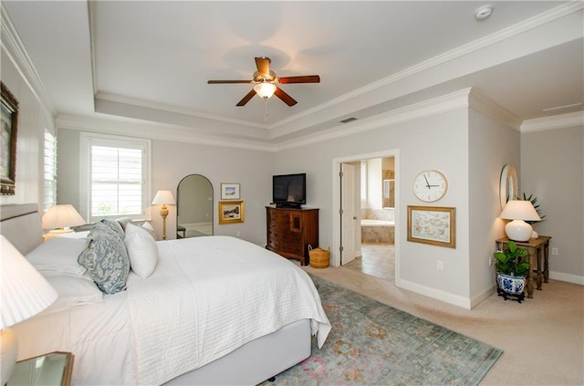 2535 Castlerock Ct, Cumming, GA 30041 - bedroom featuring carpet, a raised ceiling, ornamental molding, ceiling fan, and ensuite bath
