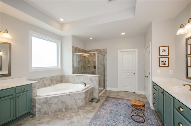 2535 Castlerock Ct, Cumming, GA 30041 - full bathroom featuring a shower stall, a bath, two vanities, and recessed lighting
