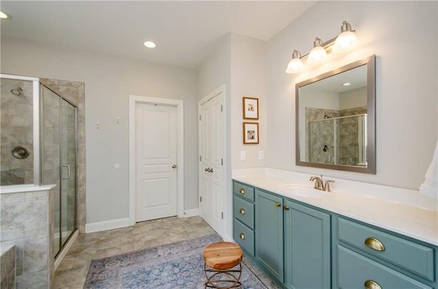 2535 Castlerock Ct, Cumming, GA 30041 - full bathroom with vanity, a shower stall, and recessed lighting