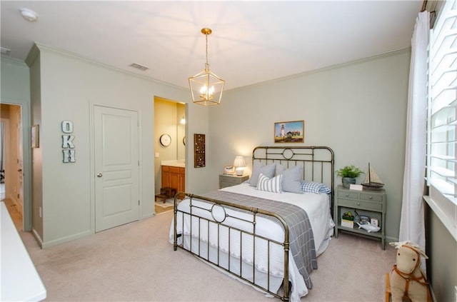 2535 Castlerock Ct, Cumming, GA 30041 - bedroom with crown molding, light carpet, a chandelier, and ensuite bathroom