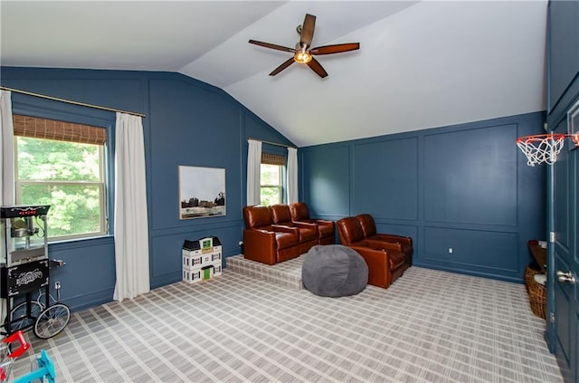 2535 Castlerock Ct, Cumming, GA 30041 - sitting room featuring a decorative wall, lofted ceiling, ceiling fan, and carpet floors