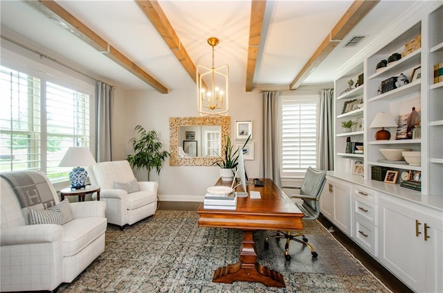 2535 Castlerock Ct, Cumming, GA 30041 - home office featuring a chandelier and beamed ceiling