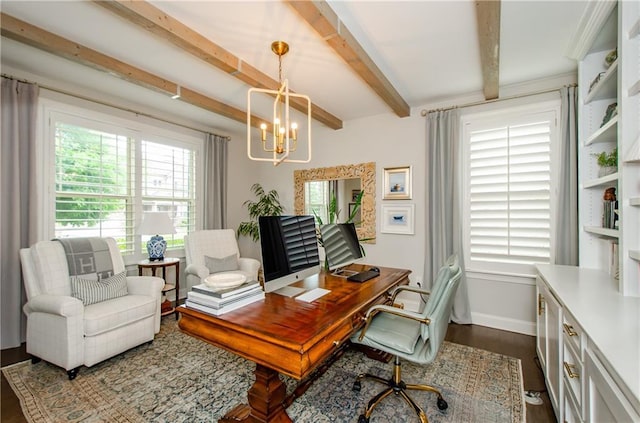 2535 Castlerock Ct, Cumming, GA 30041 - office area with a chandelier, beam ceiling, and dark wood finished floors