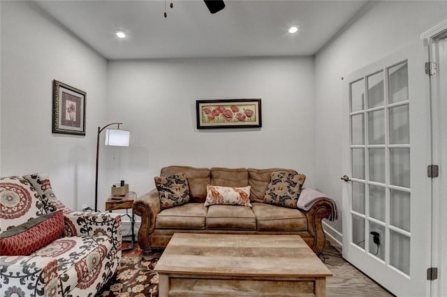 living room with recessed lighting and ceiling fan