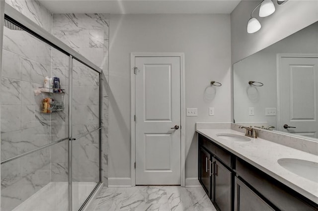 811 Pineberry Ct, Grayson, GA 30017 - full bathroom featuring marble finish flooring, a marble finish shower, double vanity, and baseboards