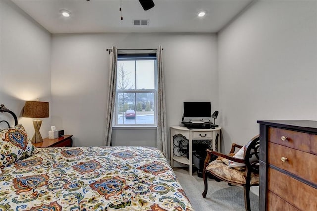 bedroom with ceiling fan, carpet, visible vents, and recessed lighting