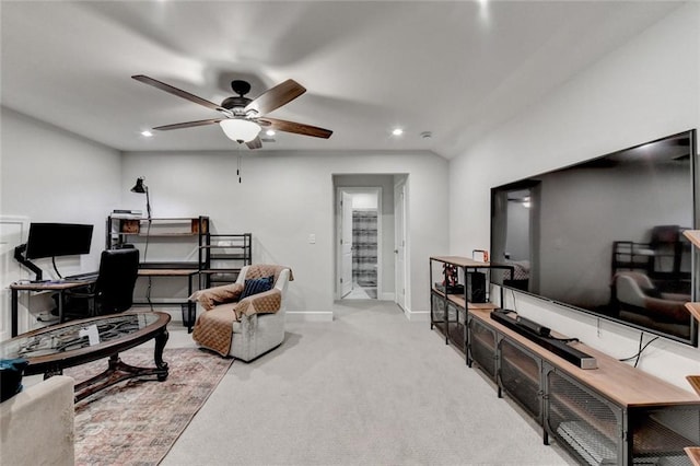 carpeted living room featuring recessed lighting, a ceiling fan, and baseboards