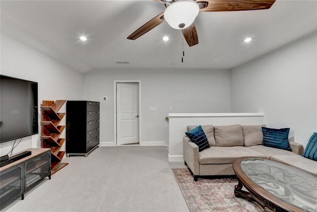 living area with recessed lighting, visible vents, light carpet, ceiling fan, and baseboards