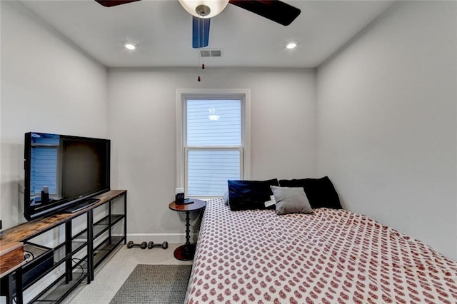 carpeted bedroom with ceiling fan, recessed lighting, visible vents, and baseboards