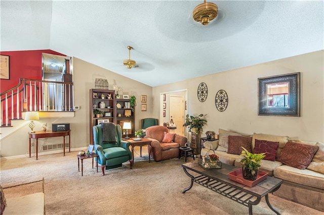 9760 Loblolly Ln, Roswell, GA 30075 - carpeted living area with lofted ceiling, a ceiling fan, stairway, and baseboards