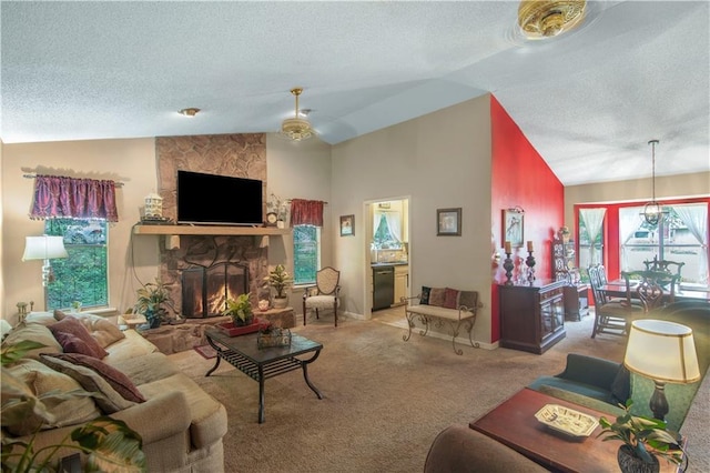 9760 Loblolly Ln, Roswell, GA 30075 - carpeted living room featuring vaulted ceiling, a stone fireplace, a textured ceiling, and baseboards