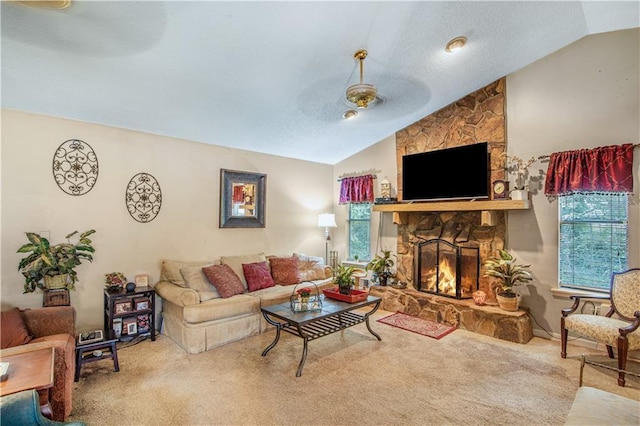 9760 Loblolly Ln, Roswell, GA 30075 - living area featuring lofted ceiling, carpet, and a stone fireplace