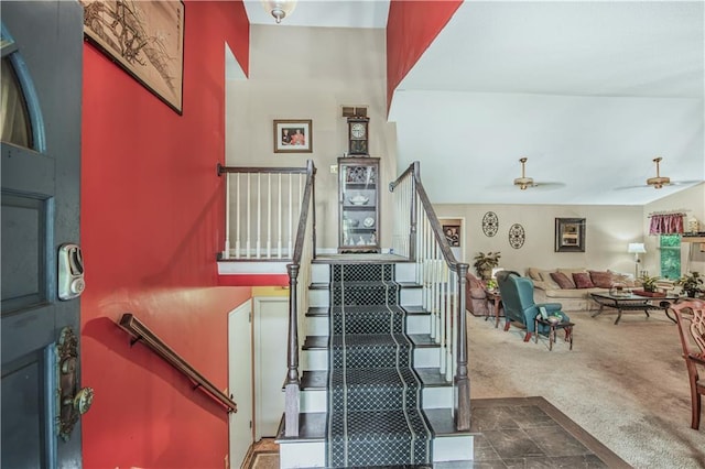 9760 Loblolly Ln, Roswell, GA 30075 - staircase with carpet floors and ceiling fan