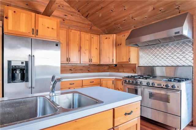 kitchen with wooden ceiling, dark hardwood / wood-style floors, wall chimney range hood, and appliances with stainless steel finishes