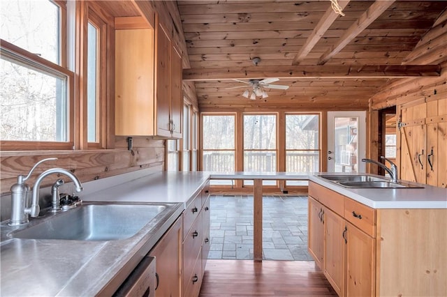 kitchen featuring wood ceiling, vaulted ceiling with beams, a wealth of natural light, and hardwood / wood-style flooring