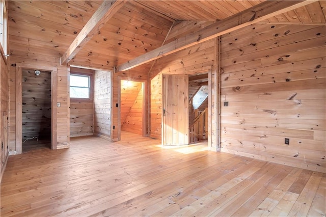 bonus room featuring lofted ceiling with beams, light hardwood / wood-style floors, wooden ceiling, and wood walls