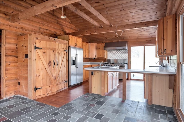 kitchen with lofted ceiling with beams, wooden ceiling, high quality appliances, and dark wood-type flooring