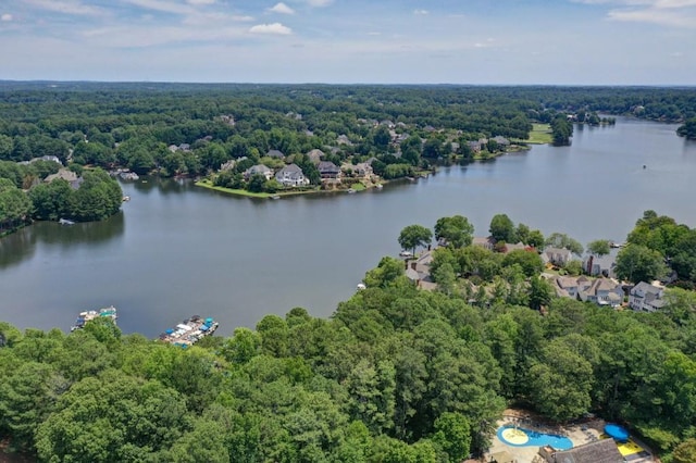 bird's eye view of a heavily wooded area and a large body of water