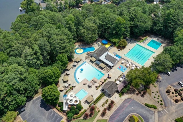 aerial view of property's location featuring a pool