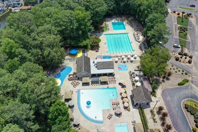 drone / aerial view of a pool