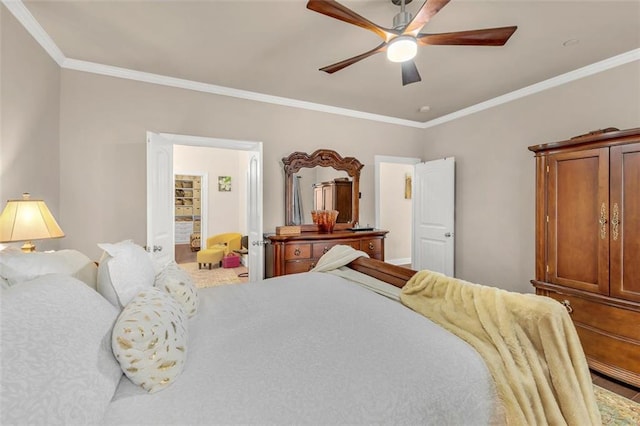 bedroom with crown molding and ceiling fan